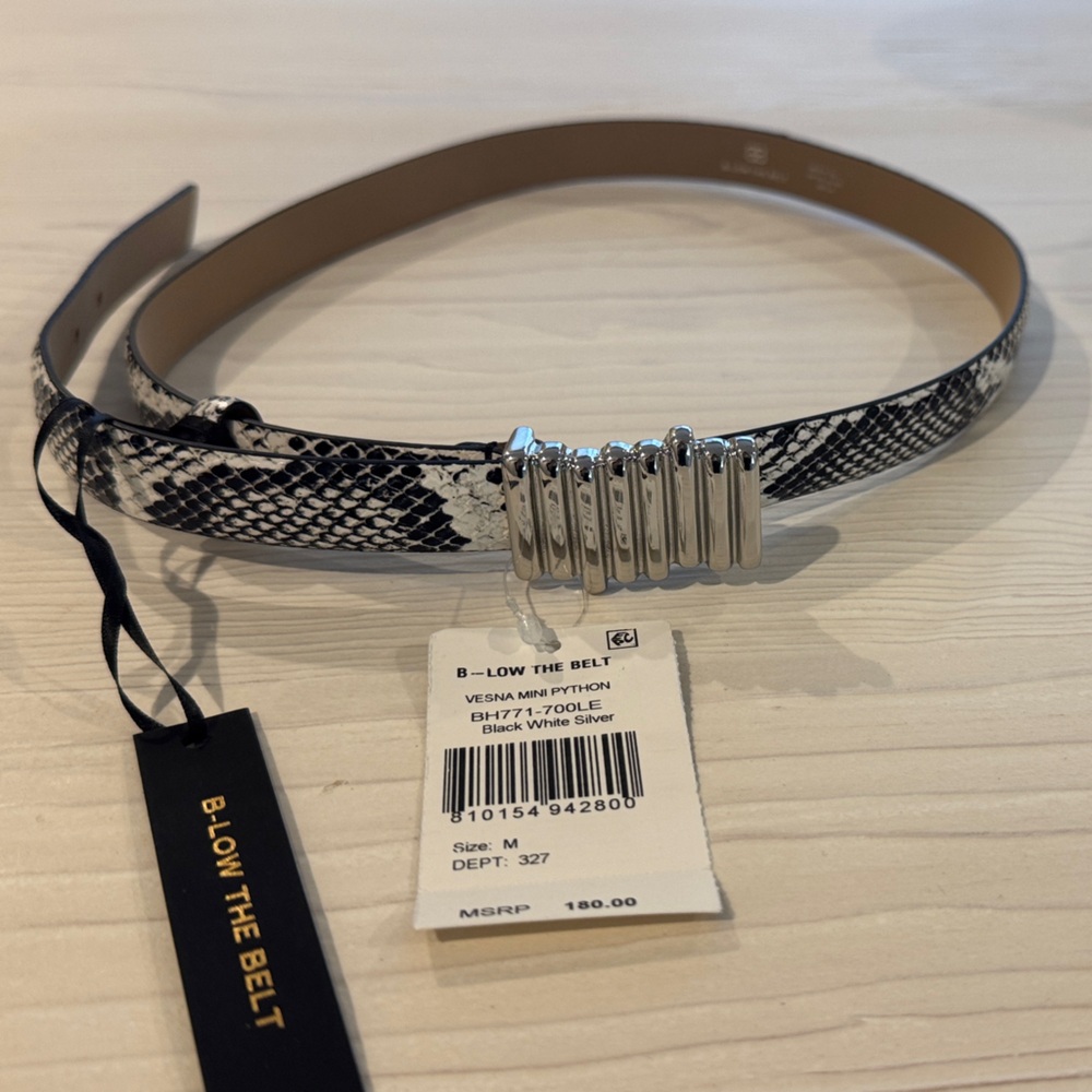 B-Low the Belt Black Vesna Mini Belt White Snake Belt with Silver Clasp